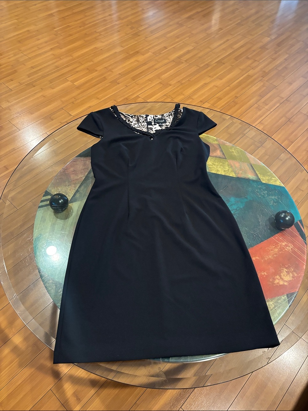 connected apparel Black Midi Dress with Printed Neckline Accent